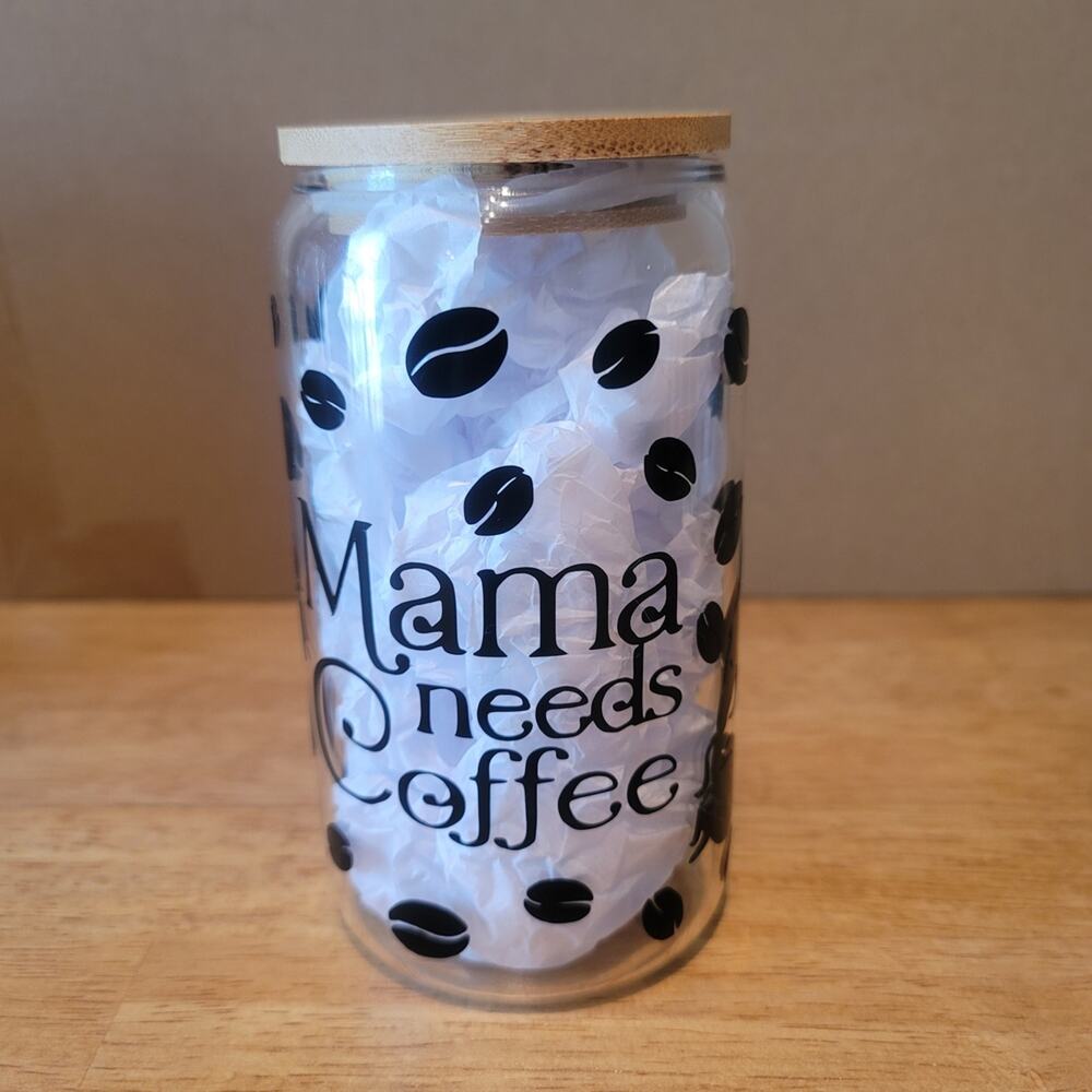 Mama Needs Coffee Glass Tumbler with Bamboo Lid And Straw 16oz